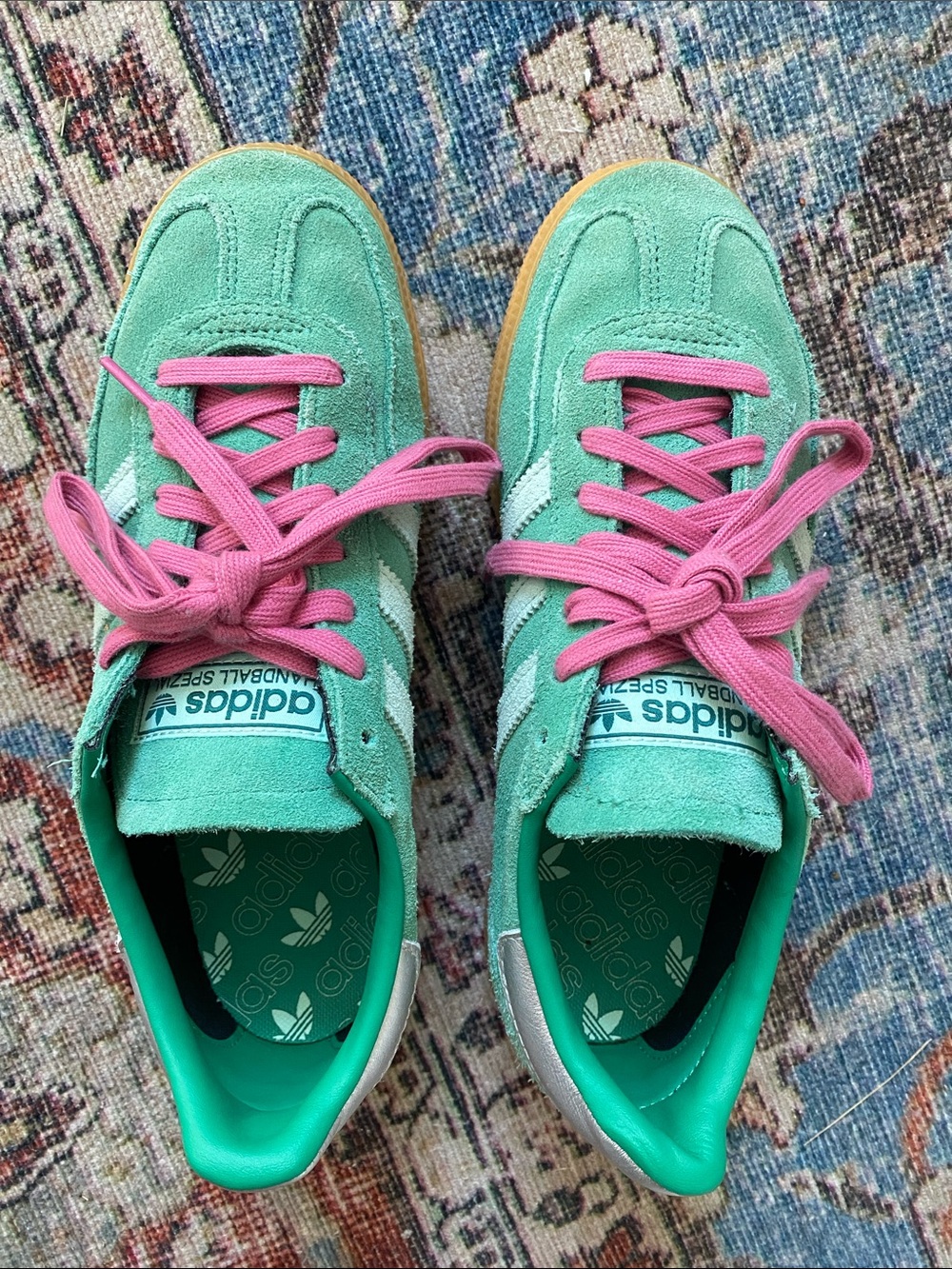 adidas Kids Mint Green Suede Sneakers with Pink Laces
